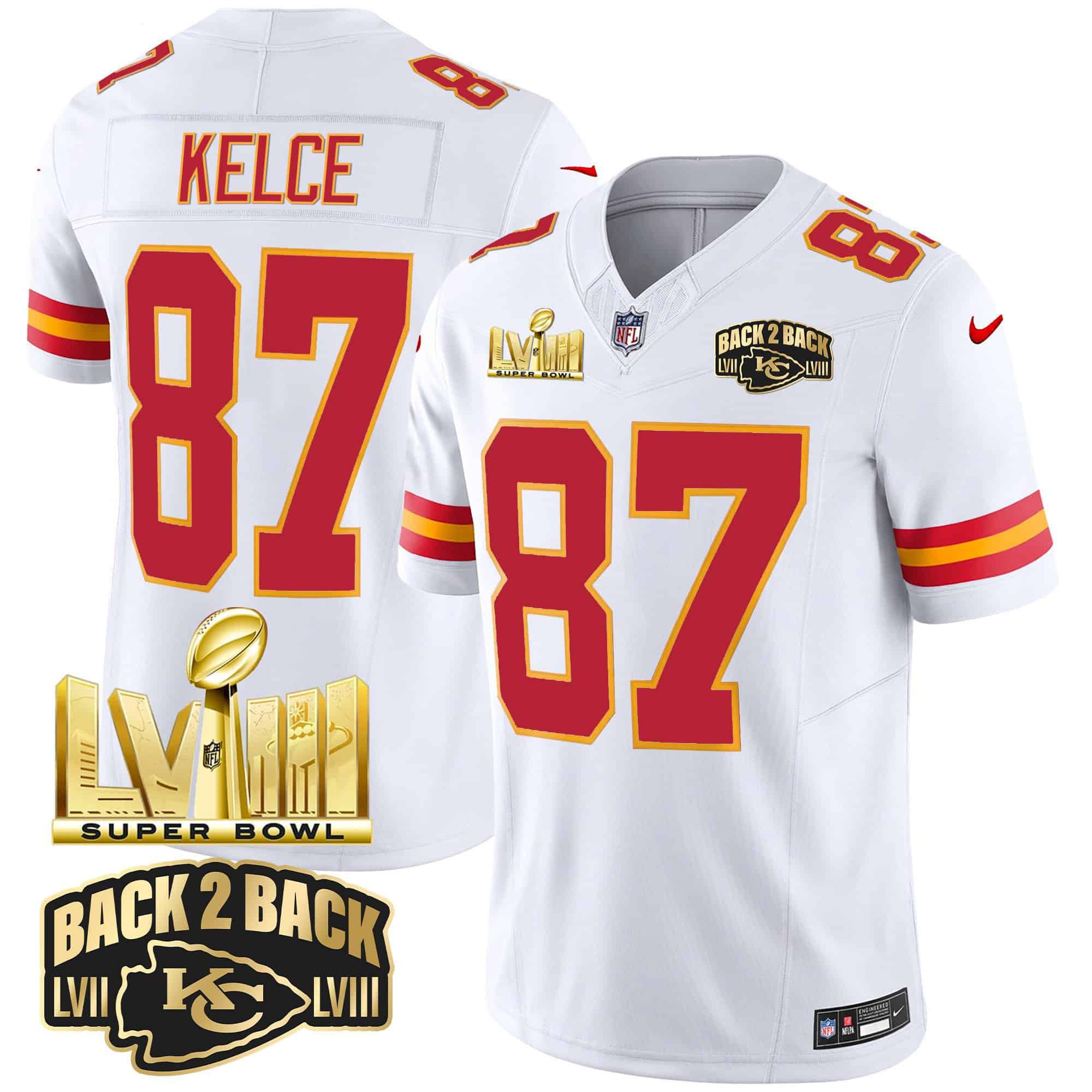 Men Kansas City Chiefs 87 Kelce White 2024 Nike Super Bowl LVIII & Back 2 Back Gold Patch Vapor NFL Jersey